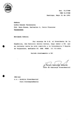 [Informa que carta fue remitida a Intendencia Región de Valparaíso, mediante Of. GAB. PRBS. (0) 91/1836]