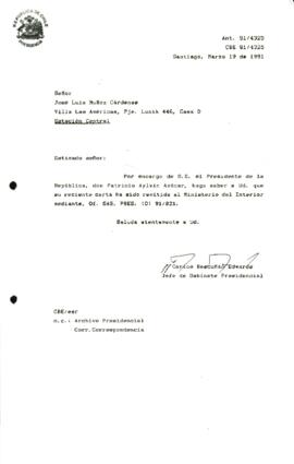 [Informa que carta fue remitida a Ministerio del Interior mediante. Of. GAB. PRES. (0) 91/821]