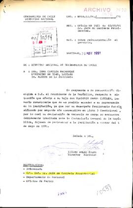 Of. Ord. Nº 2076/91 de Director Nacional de Gerdarmería de Chile en relación a Of. Nº 1483/91]