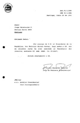 [Informa que carta fue remitida a Ministerio del Interior, mediante Ot. GAB. PRES. (0) 91/2157]