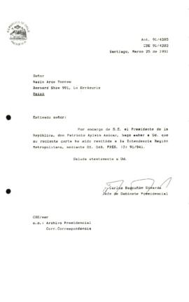 [Informa que carta fue remitida a Intendencia RM, mediante Of. GAB. PRES. (0) 91/941]