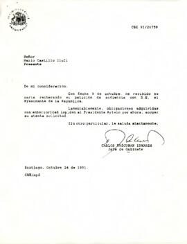 [Acusa recibo al señor Mario Castillo carta reiterando su petición de audiencia con S.E. el Presidente de la República]