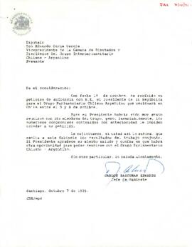 [Acusa recibo de la petición de audiencia con S.E. el Presidente de la República para el Grupo Parlamentario Chileno Argentino que sesionará en Chile entre el 5 y 8 de octubre]