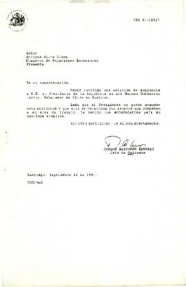 [Deriva solicitud de audiencia a S.E. el Presidente de la República de don Hernán Gutiérrez Leyton, Embajador de Chile en Austria]
