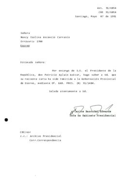 [Informa que carta fue remitida a la Gobernación Provincial de Osorno, a través de Of. GAB. PRES. (0) 91/1484]