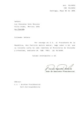 [Informa que carta fue remitida a MINVU, mediante Of. GAB. PRES. (0) 91/1430]