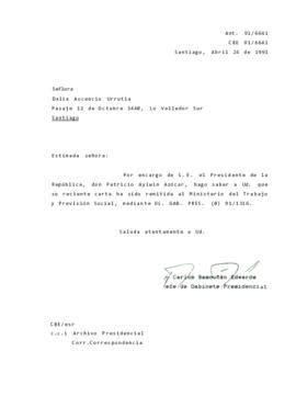 [Informa que carta fue remitida al Ministerio del Trabajo y Previsión Social, mediante Of. GAB. PRES. (0) 91/1316]