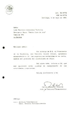 [Agradece sugerencias en relación al tema del alcoholismo en Chile, e informa que carta ha sido remitida al Ministerio de Salud Pública, mediante Of. GAB. PRES. (0) 91/1319]