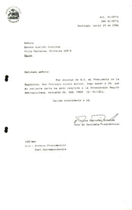 [Informa que carta fue remitida a Intendencia RM, mediante Of. GAB. PRES. (0) 91/1211]