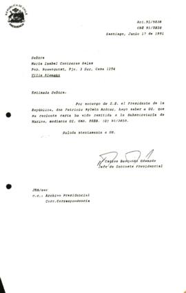 [Informa que carta fue remitida a Subsecretaría de Marina, mediante Of. GAB. PRES. (0) 91/2010]