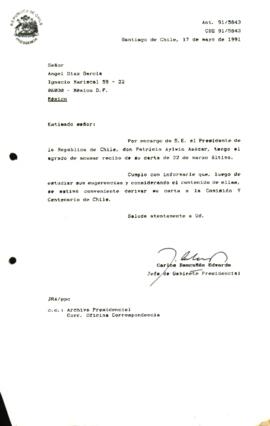 [Acusa recibo de carta de 22 de marzo, e informa que fue remitida a Comisión V Centenario de Chile]