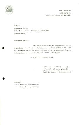 [Informa que carta fue remitida a la Intendencia RM, mediante Of. GAB. PRES. (0) 91/753]