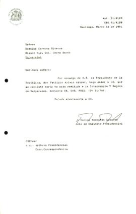 [Informa que carta fue remitida a Intendencia V Región, mediante Of. GAB. PRES. (0) 91/761]