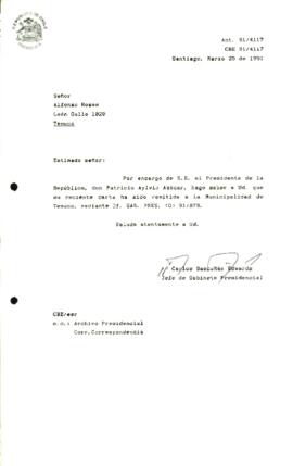 [Informa que carta fue remitida a Municipalidad de Temuco, mediante Of. GAB. PRES. (0) 91/879]