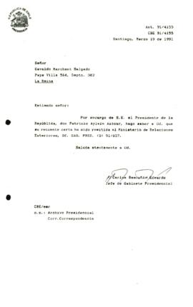 [Informa que carta ha sido remitida a Ministerio de Relaciones Exteriores, Of. GAB. PRES. (0) 91/857]