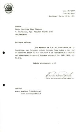 [Informa que carta fue remitida a Intendencia VI Región, mediante, Of. GAB. PRES (0) 91/841]