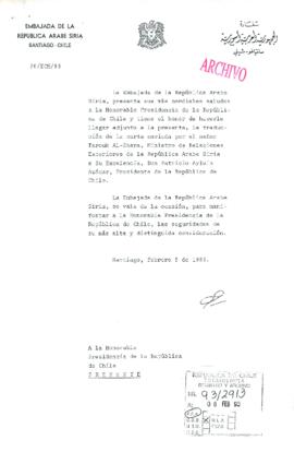 [Remite traducción de carta de Ministro de RR. EE., de Siria]