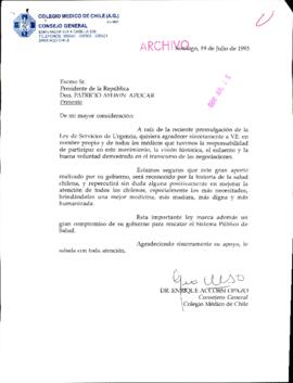[Colegio Médico de Chile A.G., agradece la promulgación de la Ley de Servicios de Urgencia]