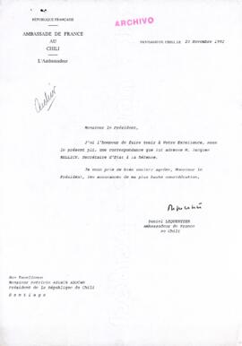 [Mensaje del Embajador de Francia dirigido al Presidente Patricio Aylwin]