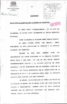 [Diputado remite copia de "Incidentes Relaciones Bilaterales con la República Argentina"]