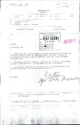 [Copia de Fax de Embajardo de Chile en México, informa en relación a visita de Presidente Carlos Salinas de Gortari]