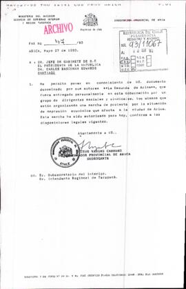 [Copia de fax de Gobernador de Arica (s), remite documento]