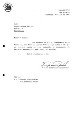 [Informa que carta fue remitida Ministerio de Hacienda, mediante Of. GAB. PRES. (0) 91/2205]