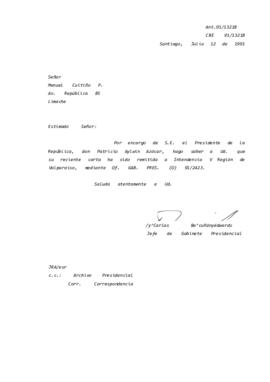 [Informa que carta fue remitida a Intendencia V Región, mediante Of. GAB. PRES. (0) 91/2423]