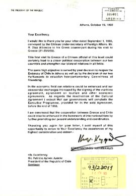 [Carta del Presidente de la República Helénica al Presidente Aylwin].