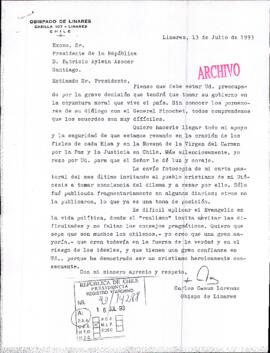 [Carta del Obispado de Linares dirigida al Presidente Patricio Aylwin, mediante la cual expresa su apoyo a la gestión del mandatario respecto a coyunturas morales]