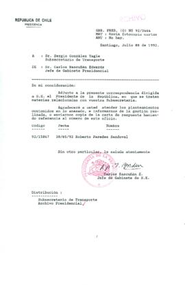 [Carta del Jefe de Gabinete de la Presidencia a Subsecretario de Transporte]