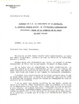 Discurso de S.E El Presidente de la República. D. Patricio Aylwin Azócar, al imponersele condecoración portuguesa "Orden de la libertad en el grado de gran collar"