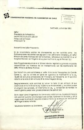 [Carta de Confederación de Camioneros de Chile relativa a a tramitación en el Congreso Nacional del Proyecto de Ley que modifica la ley de Peso por Eje]