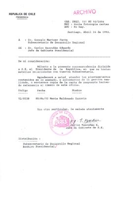 [Carta del Jefe de Gabinete de la Presidencia a Subsecretario de Desarrollo Regional y Administrativo]