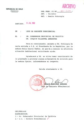 [Carta de Jefe de Gabinete de la Presidencia a Gobernador Provincial de Valdivia]
