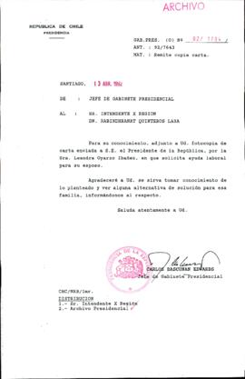 [Carta del Jefe de Gabinete de la Presidencia a Intendente de la X Región]