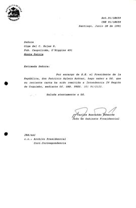 [Carta de respuesta por remisión de correspondencia enviada al Presidente, redirigiéndola a Intendencia IV Región de Coquimbo ]