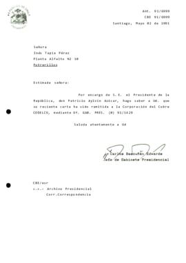 [Informa que carta fue remitida a CODELCO, a través de Of. GAB. PRES. (0) 91/1429]