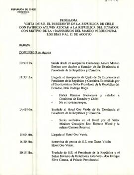 Programa visita de S.E. el Presidente de la Republica de Chile Don Patricio Aylwin Azocar a la Republica del Ecuador con motivo de la transmisión del Mando Presidencial