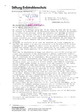 [Carta del Presidente de la Fundación para la Protección contra Radiaciones Terrestres de Suiza dirigida al Presidente Patricio Aylwin]