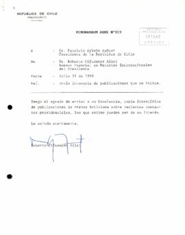 [Carta de Asesor especial del Presidente de la República en materias internacionales a S.E El Presidente Patricio Aylwin]