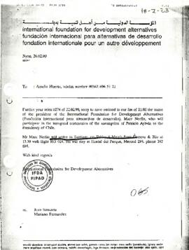 Fax de parte del Presidente de Fundación Internacional para alternativas de desarrollo Marc Nerfin