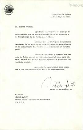 [Carta del Presidente Aylwin al Primer Secretario de Partido Socialista de Francia, agradeciendo felicitaciones por asunción al mandato].