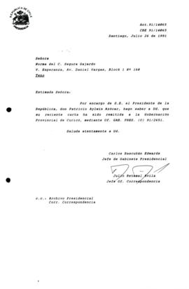 [Carta de respuesta por remisión de correspondencia enviada al Presidente, redirigiéndola  a la Gobernación Provincial de Curicó]