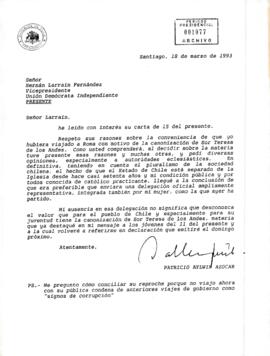 [Carta del Presidente Patricio Aylwin al Vice Presidente del Partido Unión Demócrata Independiente]