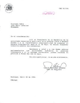[Carta del Jefe de Gabinete de la Presidencia a diputado Juan Pablo Letelier]