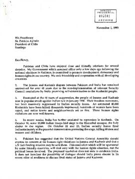 [Carta de Benazir Bhutto al Presidente Patricio Aylwin Azócar]