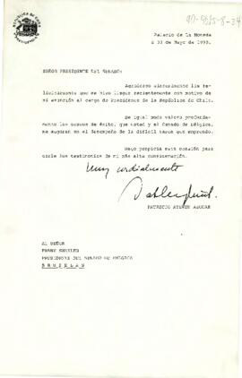 [Carta del Presidente Aylwin al Presidente del Senado de Bélgica, agradeciendo felicitaciones por la asunción al mandato].