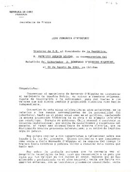 Discurso de S.E. el Presidente de la República, D. Patricio Aylwin Azocar, en conmemoración del Natalicio del Libertador, D. Bernardo O'Higgins  Riquelme, el 20 de Agosto de 1993.