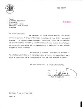 [Carta del Jefe de Gabinete Presidencial a Presidente de la Corporación Misión Metodista Libre de Chile]